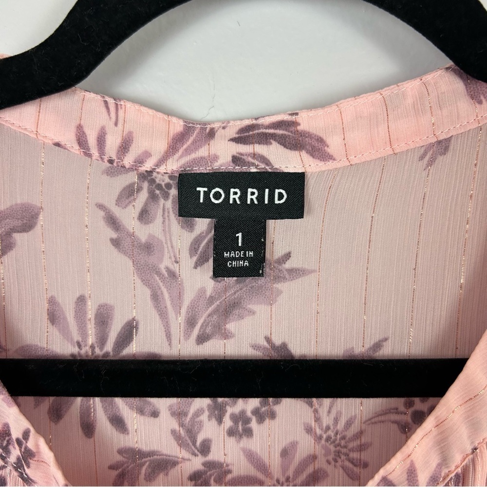 Torrid Crinkle Chiffon Pink Peasant Lurex Sheered Long Sleeve Blouse Size 1 - Picture 4 of 11
